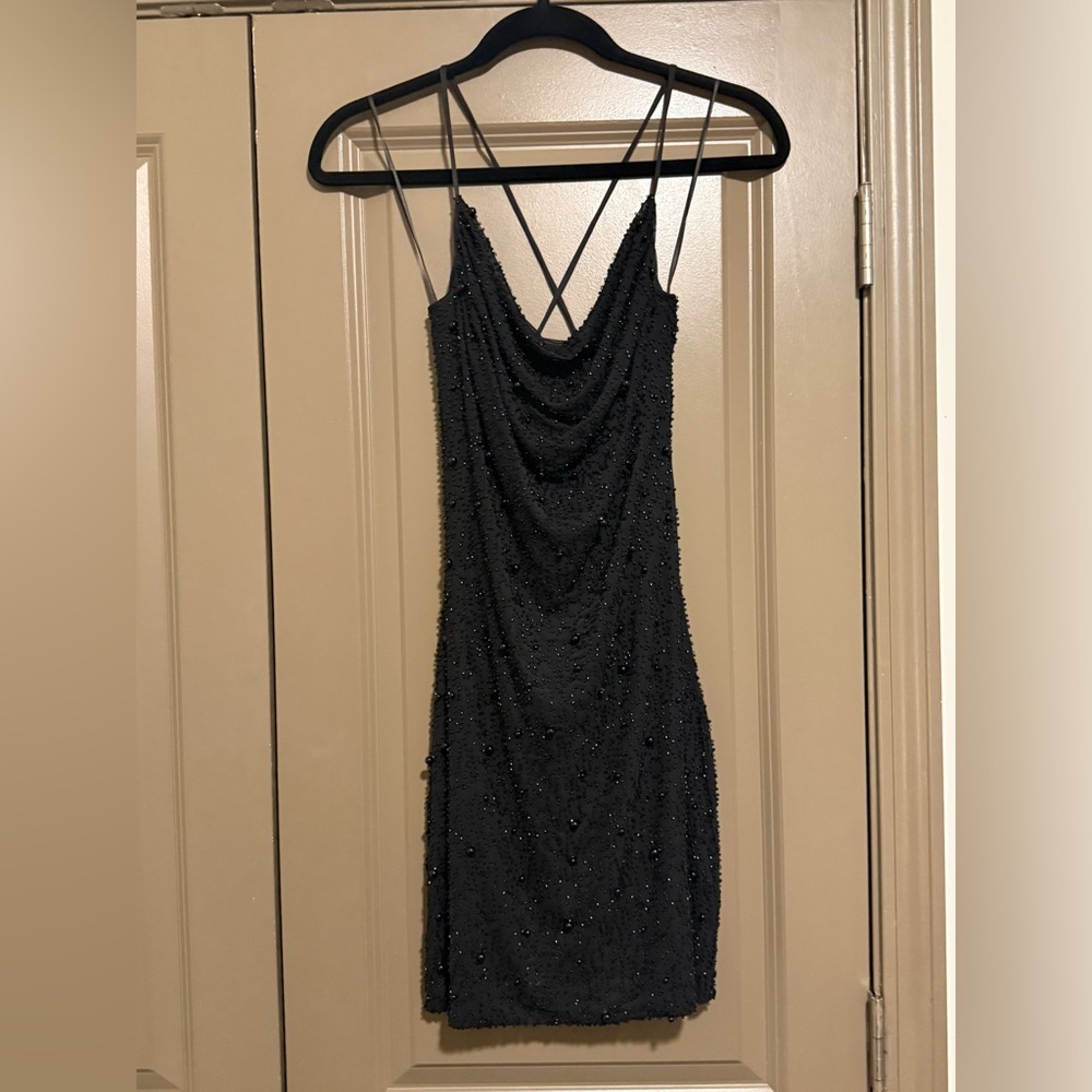 Chic Black Beaded Backless Dress